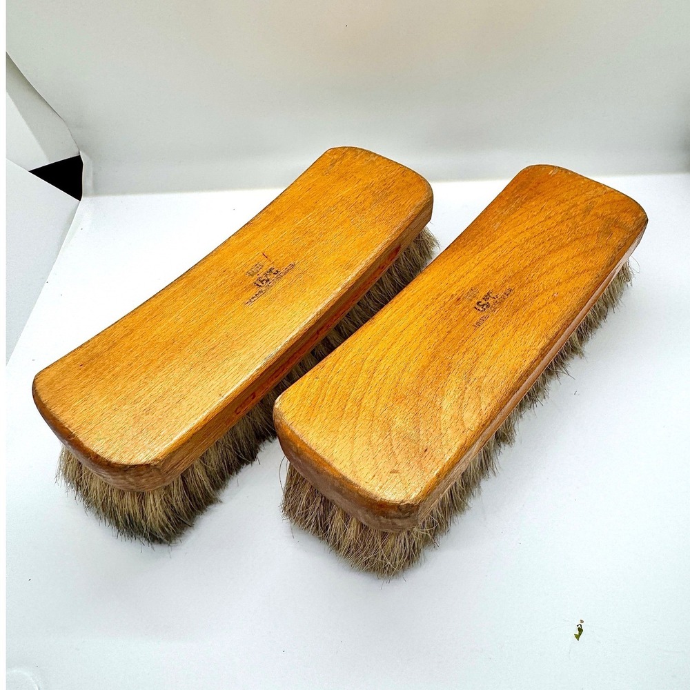 Vintage USMC Military Horsehair Shoe Shine Brush Pair Wood Handle Leather Care
